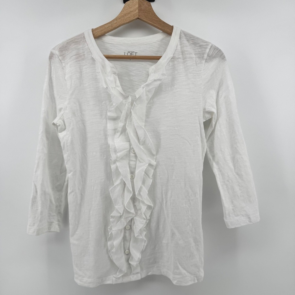 LOFT Ruffle Front T-shirt Slub Top Small White 3/4 Sleeve Slub Cotton 70026